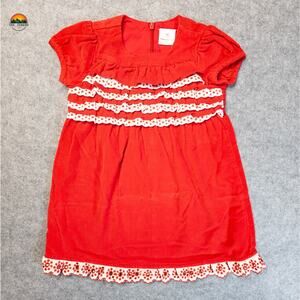 Hanna Andersson A-Line Dress Red White Corduroy Ruffled Girls Sz 90 / 3T